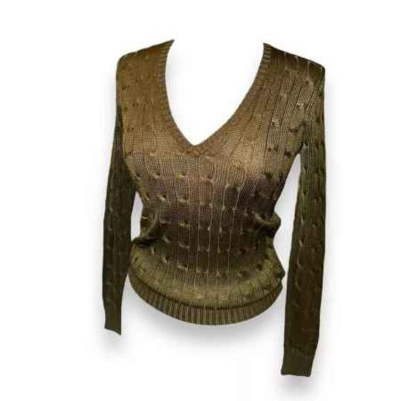 SOLDRalph Lauren Black Label 100% Silk Cable Knit V Neck Sweater, Military Green - Picture 8 of 14